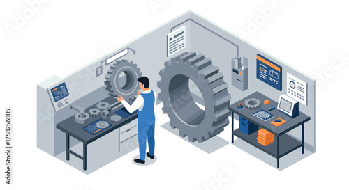 Isometric industrial workshop scene with engineer and mechanical components