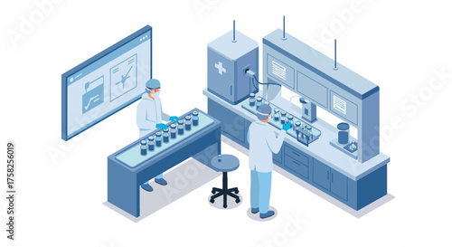 Isometric laboratory scene with scientists conducting research in modern faci…