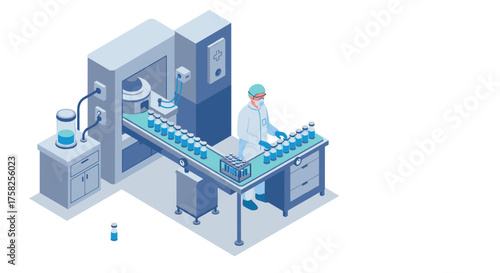 Isometric lab technician in pharmaceutical production facility