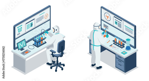 Scientists in lab analyzing data and conducting experiments in isometric style