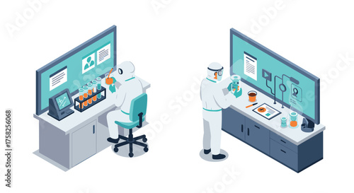Isometric laboratory scene with scientists analyzing samples in a high-tech e…
