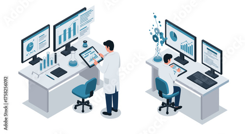 Isometric lab research: scientists analyzing data on computers