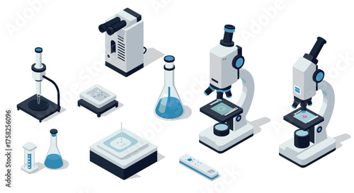 Isometric lab equipment set featuring microscopes, test tubes, and beakers