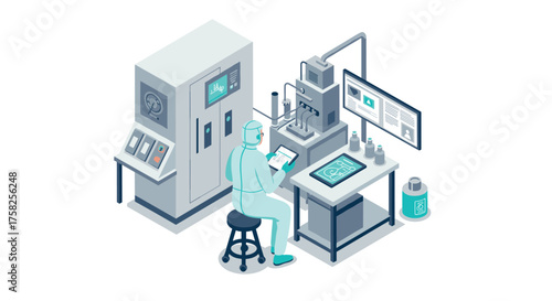Isometric cleanroom scientist working on advanced electronic equipment