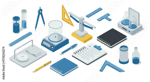 Isometric science lab equipment and stationery set with rulers and notebooks