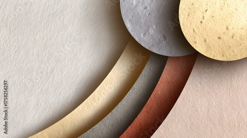 Modern geometric composition with minimalist shapes in soft neutral tones and natural textures