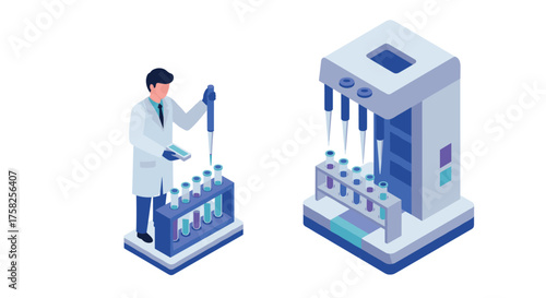 Modern laboratory isometric design with scientist and automated equipment