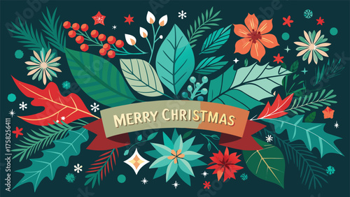 Christmas card featuring a vibrant poinsettia and red berries against a festive background..eps