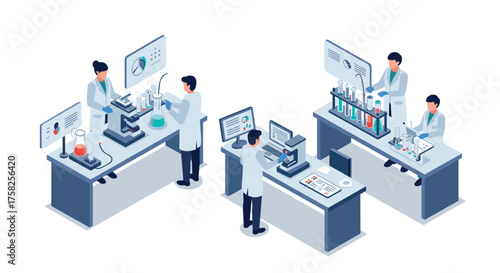 Modern laboratory research scene with scientists conducting experiments in an…