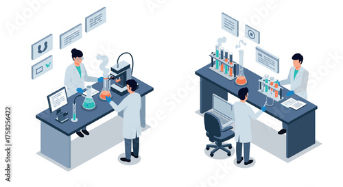 Scientists working in laboratory with equipment and chemicals in isometric de…