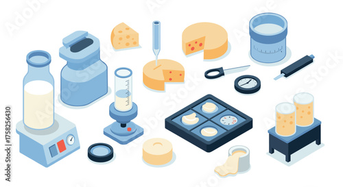 Isometric dairy science lab tools and cheese experiments in blue and yellow