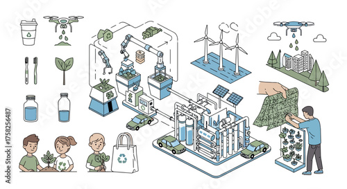 Isometric collection illustrating a sustainable future concept with green technology, renewable energy, a circular economy, and eco-friendly living