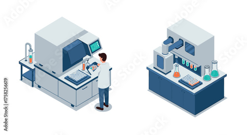 Isometric laboratory equipment with scientist operating advanced machinery in…