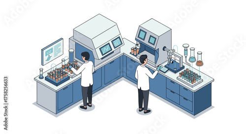 Modern laboratory with scientists using advanced technology in isometric design