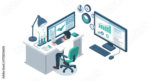 Business analyst working on financial reports in modern office setting with d…