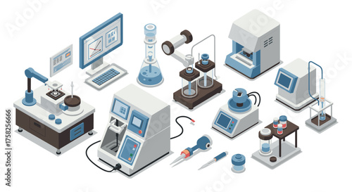 Isometric laboratory equipment set featuring modern scientific tools and mach…