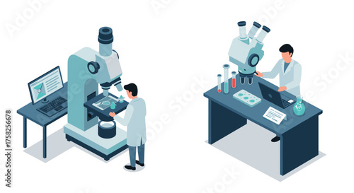 Isometric laboratory research: scientists using microscopes and technology in…