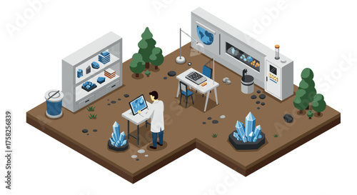 Isometric geologist office with crystals and mineral analysis scene