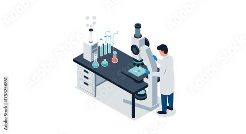 Scientist working in lab with microscope and test tubes in isometric style