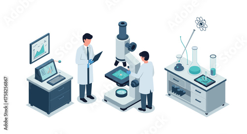 Isometric scientific research laboratory with microscope and scientists