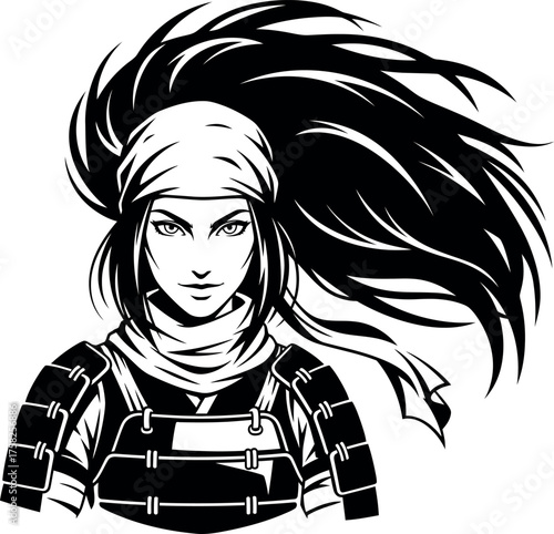 Striking portrait of a female samurai or warrior in chest armor with a flowing ponytail and headband, black and white vector illustration of a determined and powerful fighter.
