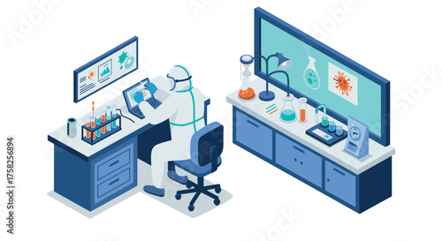 Isometric laboratory research scene with scientist analyzing data in modern l…