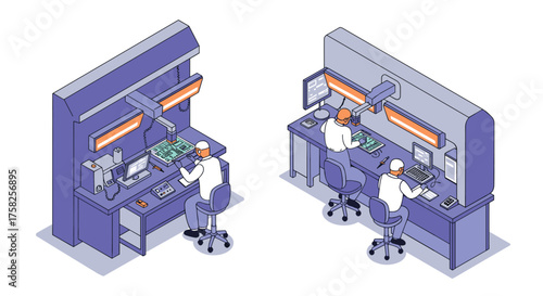 Isometric lab scene with engineers working on circuit boards