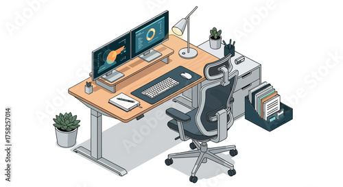 Modern ergonomic home office setup with dual monitors, adjustable desk, and comfortable chair, ideal for productivity and remote work