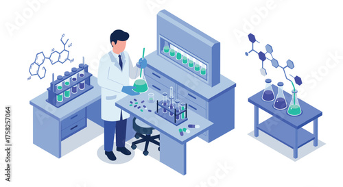 Isometric laboratory scene with scientist conducting experiments