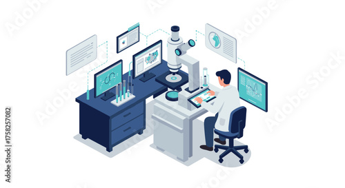 Scientist using advanced equipment in a modern laboratory with data screens
