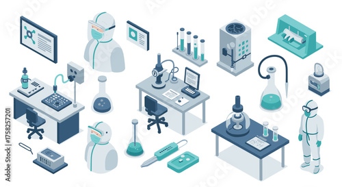 Isometric laboratory equipment and scientist in protective gear for scientifi…