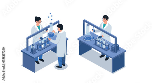 Scientists conducting experiments in modern laboratory with isometric design