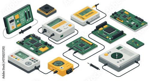 Isometric electronic circuit boards and devices in modern tech layout