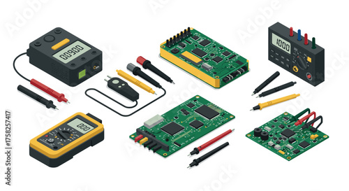 Isometric electronic components with circuit boards and multimeters