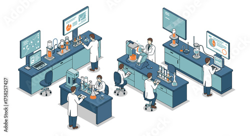 Isometric laboratory scene with scientists and advanced equipment in modern r…