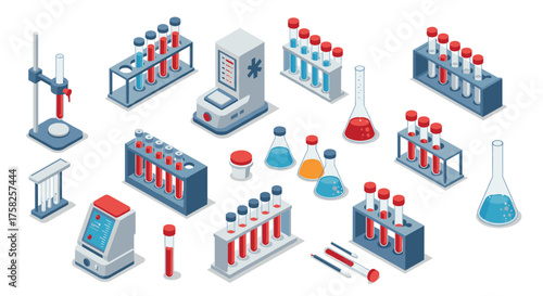 Isometric laboratory equipment set with test tubes and beakers for scientific…