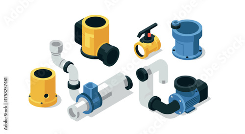 Collection of plumbing elements in isometric design with pipes and valves