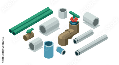 Isometric plumbing components set with pipes and valves for construction proj…