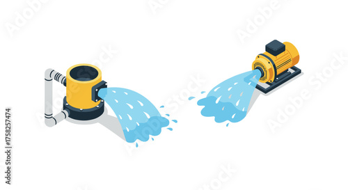 Isometric water pump system with flowing water and pipes