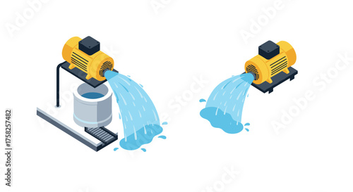 Isometric water pump operations with flowing water on white background