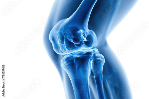 A side profile of a human knee joint in ethereal blue, highlighting its skeletal structure