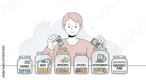 Smart money management and personal budgeting concept with an individual distributing cash into labeled jars for future planning