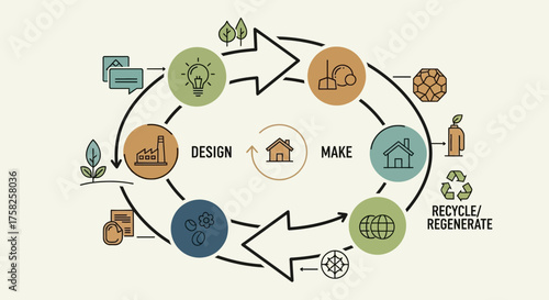 Conceptual vector illustration of a circular economy, detailing the sustainable product lifecycle from design to regeneration