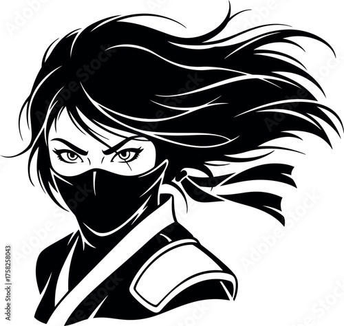 Fierce masked female ninja or assassin portrait, black and white vector illustration of a mysterious warrior with dramatic windblown hair and intense, serious eyes.