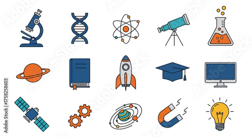ctor science and education icon set, microscope, DNA strand, atom, beaker flask, telescope, rocket, planet, book, graduation cap, computer, satellite, gear, solar system, magnet, light bulb