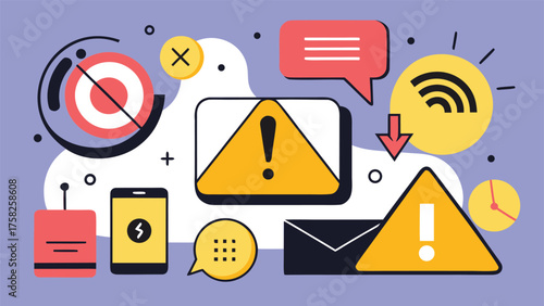 Various red and black warning icons, visually representing alerts and hazards for safety and caution..eps