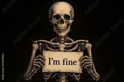 Sarcastic 'I'm Fine' Skeleton - Vintage Engraving Illustration