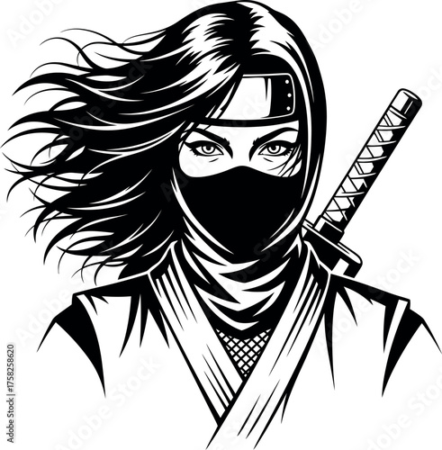 Detailed black and white vector illustration of a determined male ninja warrior character face with a scarf covering the lower part, wearing a Japanese headband for a logo.