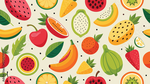 Artistic fruit pattern by Julia for Stocksy United, displaying a lively assortment of fruits in bright colors and shapes..eps