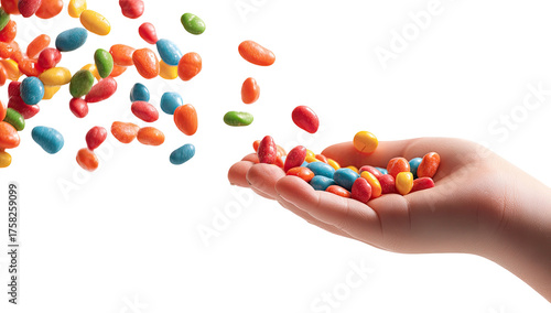 A close-up of a hand holding a cascade of colorful, candy-coated treats, isolated